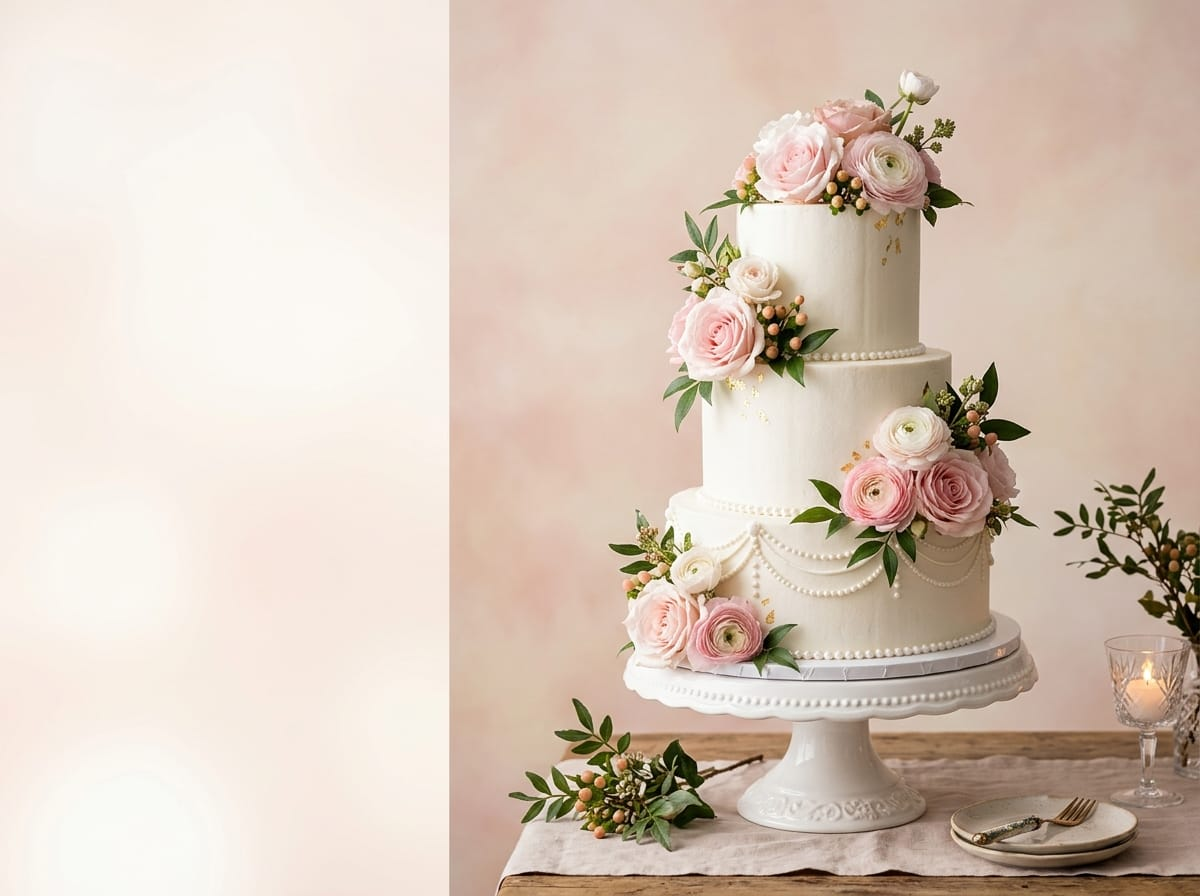 Elegant tårta med rosa rosdekoration från Mintårta